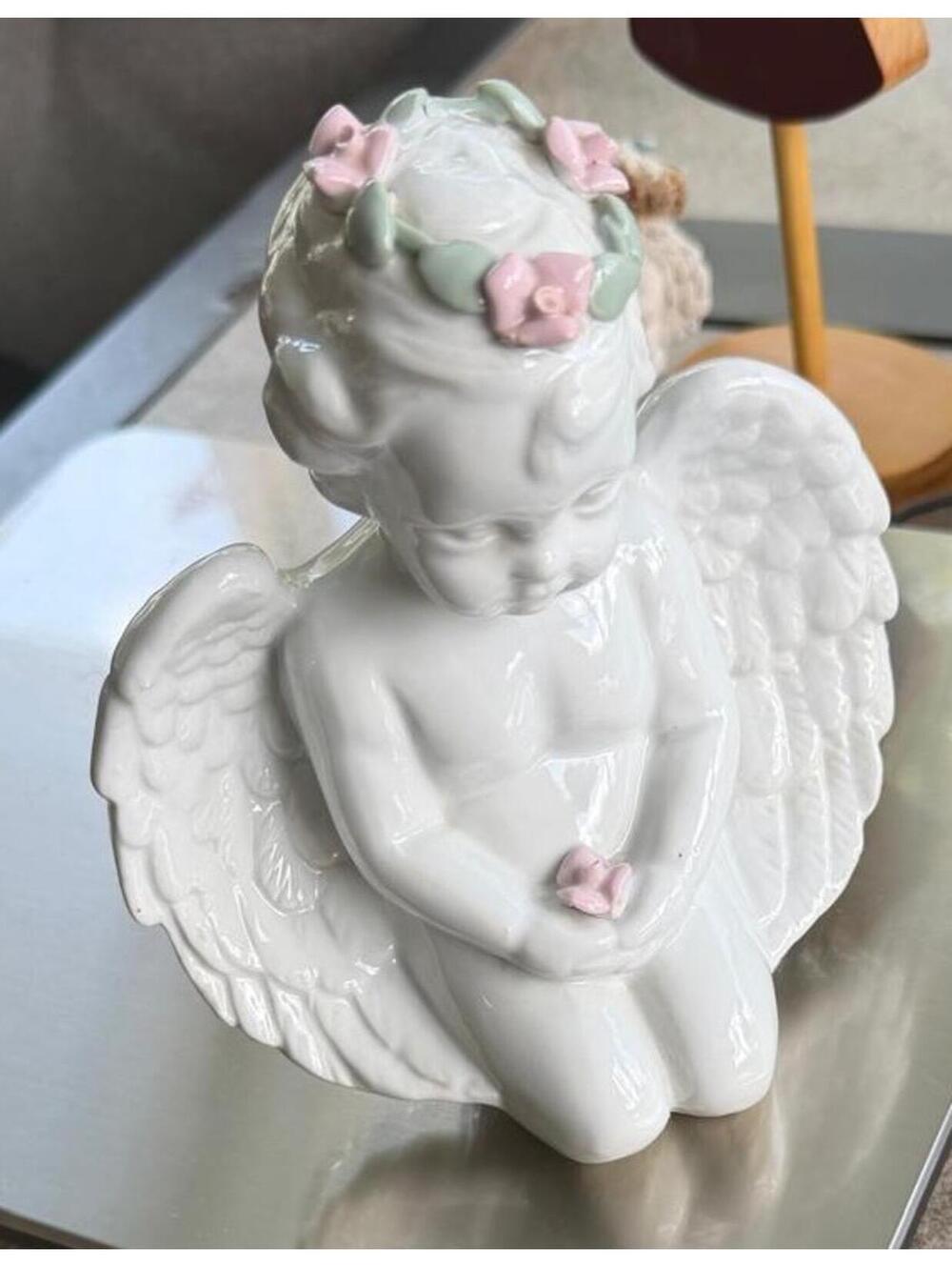 White Glossy Ceramic Praying Kneeling Angel Cherub cod35